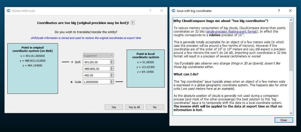 Finestra di avvertimento per la traslazione di coordinate di un file las in Cloud Compareertimento per