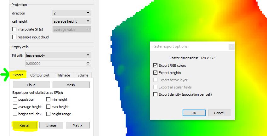 Immagine che mostra la finestra di esportazione di un DEM in Cloud Compare