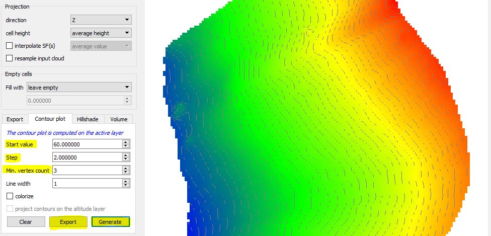 Immagine di Cloud Compare in cui si estraggono curve di livello da DEM