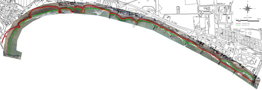 Immagine che mostra i risultati dell'analisi dell'evoluzione della linea di riva mediante aerofotogrammetria da drone lungo litorale sabbioso