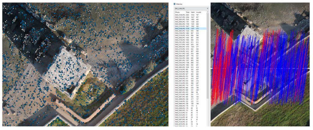 Immagine che mostra il riconoscimento di punti omologhi tra due immagini nella fase di allineamento all'interno di Agisoft Photoscan