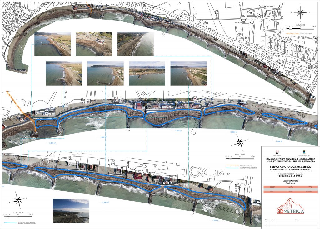 Immagine che mostra i risultati di analisi aerofotogrammetriche mediante APR per la stima dei sedimenti lungo litorale sabbioso - Comune di Sarzana (SP)