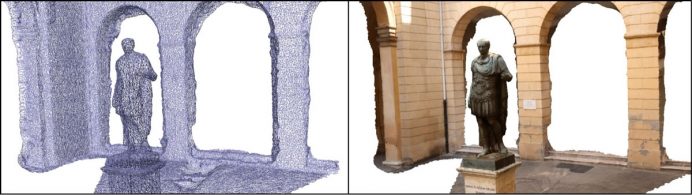 Immagine che mostra affiancate una mesh e un modello texturizzato realizzati con Agisoft Photoscan