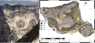 immagine che rappresenta l'inquadramentro del bacino marmifero di Carrara e della cava oggetto di rilievo 